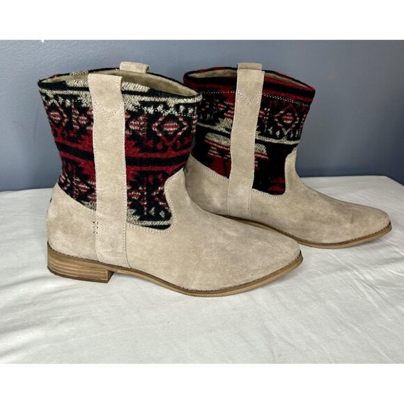 TOMS Ankle Boots Womens 11 Laurel Desert Tan Suede Knit Aztec Pull On Western - Picture 1 of 16